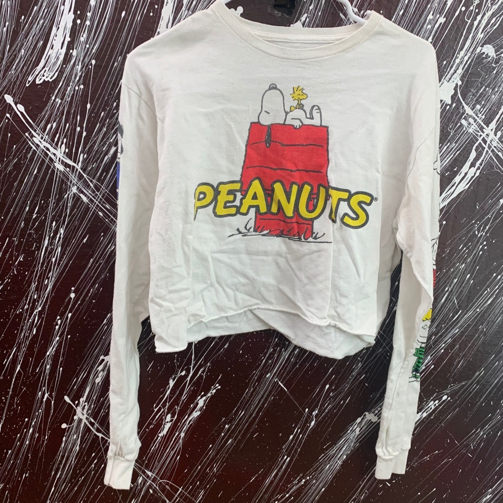 Peanuts Snoopy Woodstock Cropped Long Sleeve Graphic T-Shirt White Medium